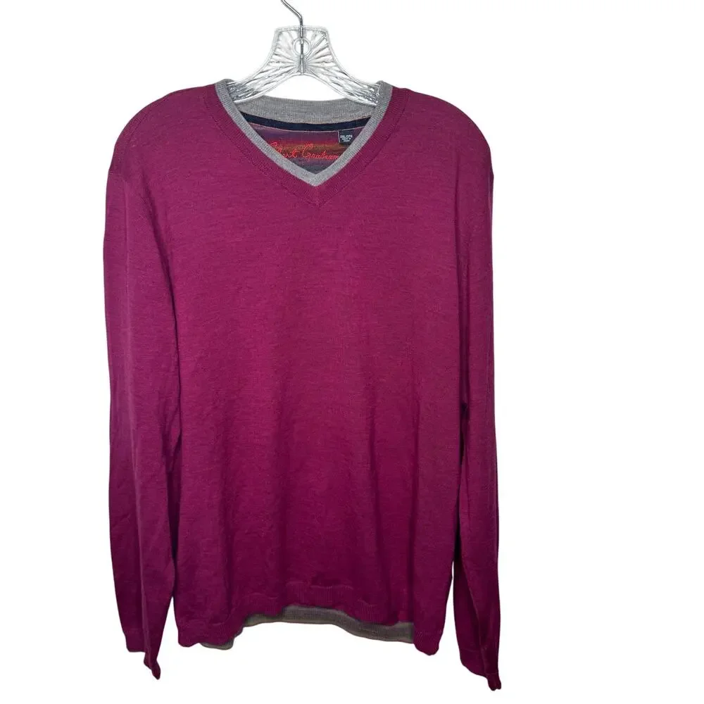 Robert Graham 100% Wool V-Neck‎ Sweater 2XL Purple Gray Trim Long Sleeve Knit